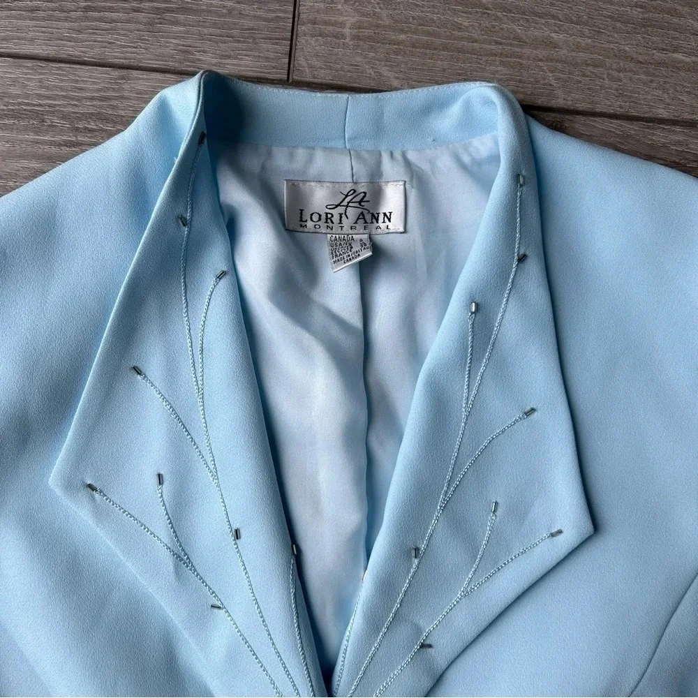 Vintage Lori Ann Blue Sequins Collar Mesh Sleeve Blazer Made in Canada